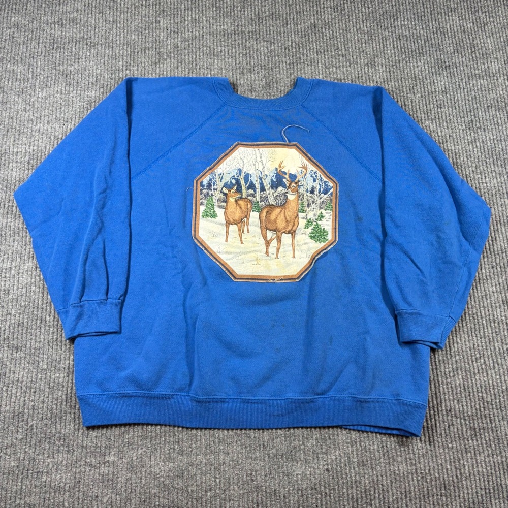 Vintage Hanes Her Way Blue Deer Graphic Sweatshirt Womens XL‎ Raglan Sleeve